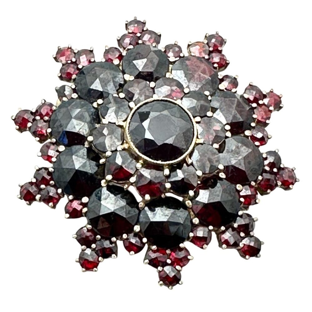 Antique Vintage Czech Bohemian Garnet Glass Gold Gilt Brooch Pin 2 Inch